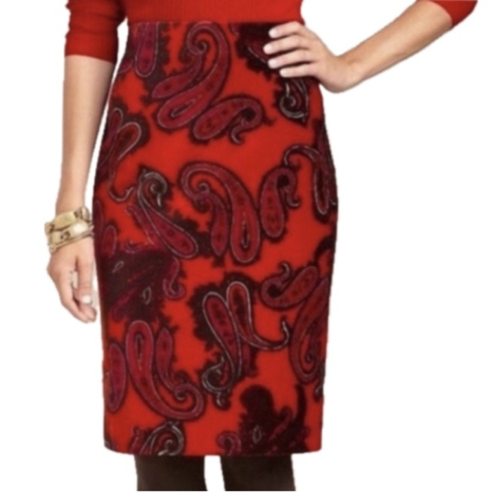 Talbots, Paisley 100% cotton Red velvet Pencil Skirt, Size 18